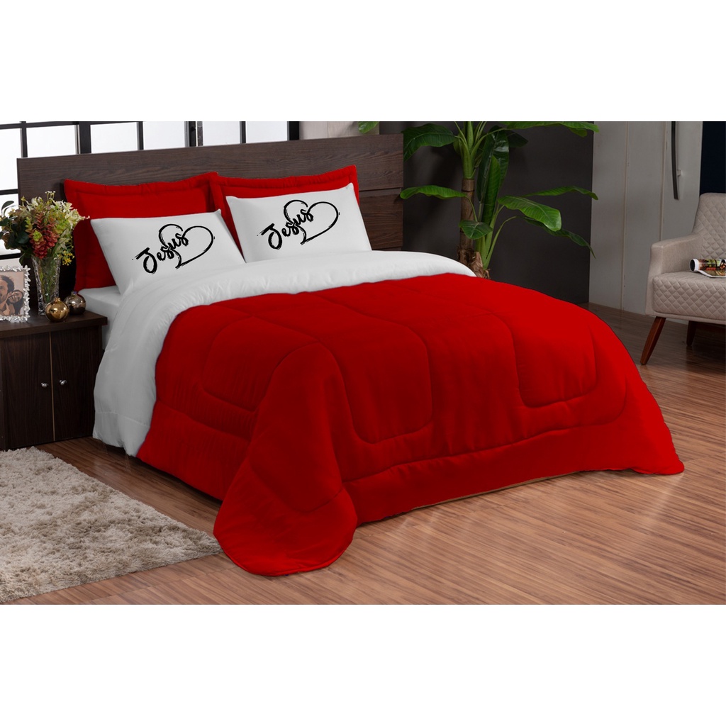 Kit Edredom Casal Queen 5 Peças Dupla Face Vermelho E Branco Estampado