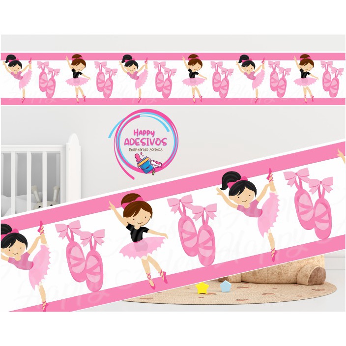 Faixa Adesiva Decorativa para Parede Quarto Menina Infantil Baby Rosa Sapatilhas Bailarina Adesivo Colante Decoração