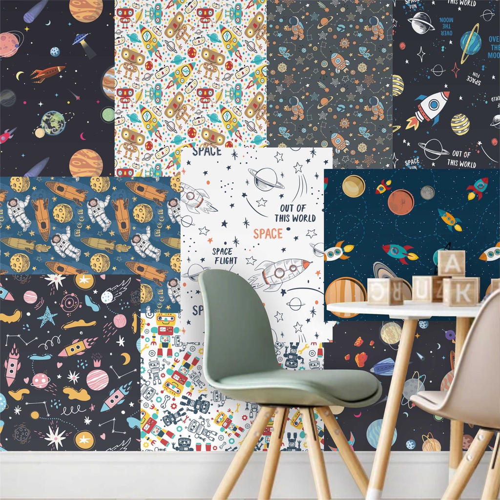 Lambe Lambe Adesivo Kit Cartaz Infantil Astronauta Planetas Céu Estrelas Foguete Nave Espacial L198