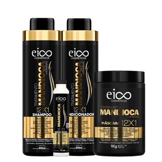 Kit Eico Mandioca Shampoo 800ml e Condicionador 750ml + Máscara 1kg + Megadose Nutritivo Fortalecimento Brilho Maciez Sem Sal