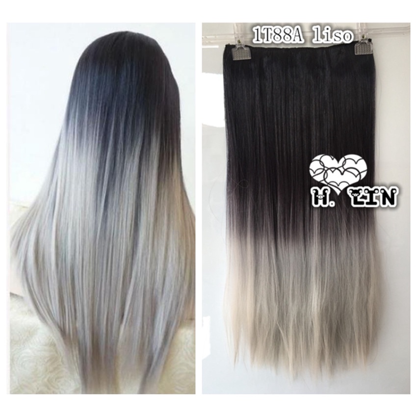 aplique tic tac cabelo fibra organico cor 1/89/88 liso preto com luzes mechas cinza 60cm 140gramas