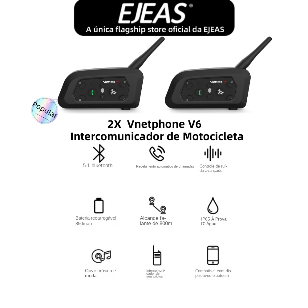 EJEAS Vnetphone V6 Motocicleta Bluetooth Capacete Intercomunicador Fone De Ouvido Impermeável IP65 5.1,2 Motorista Fala No Mesmo Tempo Pacote Duplo Para Shoei AGV KYT Yamaha Honda Forza 250