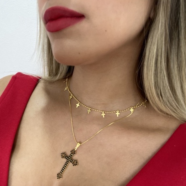 Conjunto Feminino Colar Corrente Choker + Pingente Cravejado Banhado a Ouro 18k Antialérgico