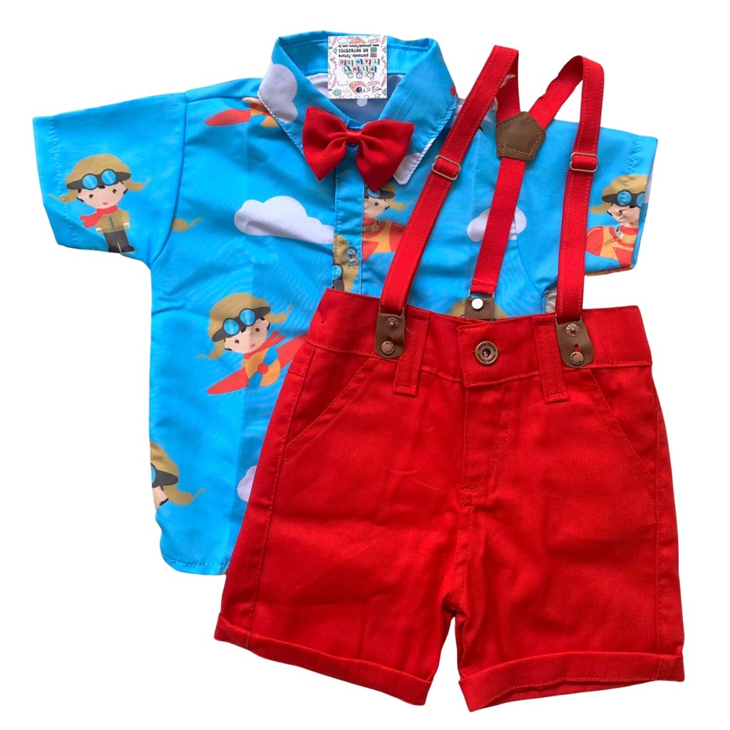 Conjunto AVIADOR temático, camisa, bermuda, suspensório e gravata