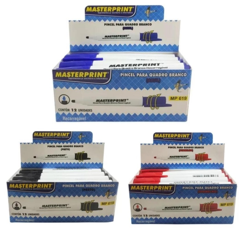 Pincel Quadro Branco Recarregável Caixa com 12 Unidades Cores Diversas Azul Vermelho Preto Masteprint