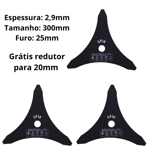 Kit 3 Lâminas Facas 3 Pontas Universal Para Roçadeira Tam 300MM Furo 25MM X Espessura 2,9MM Vulcan Spin S Promoção