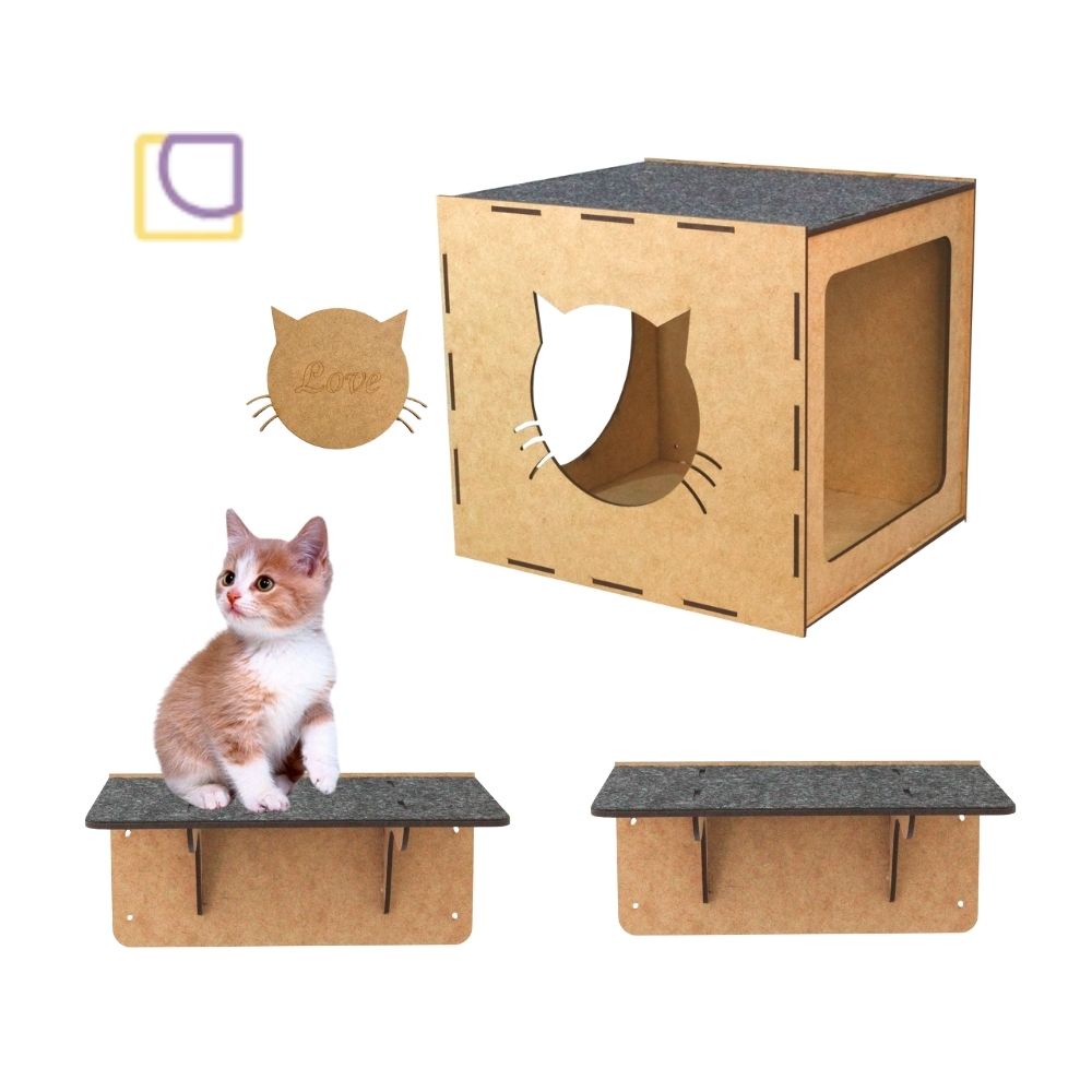 kit combo playground para gato 1 casinha 2 prateleiras mdf parquinho e casinha + cola e brinde