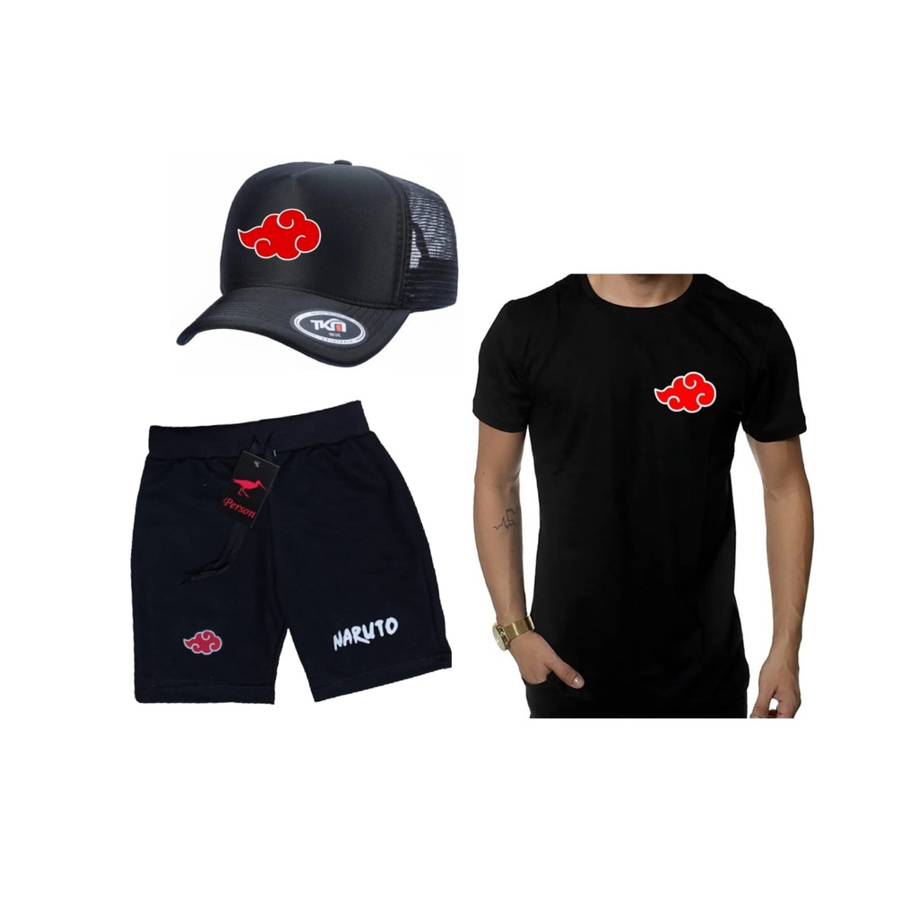 Kit Bermuda Moletom + Camiseta + Boné Naruto Akatsuki Anime