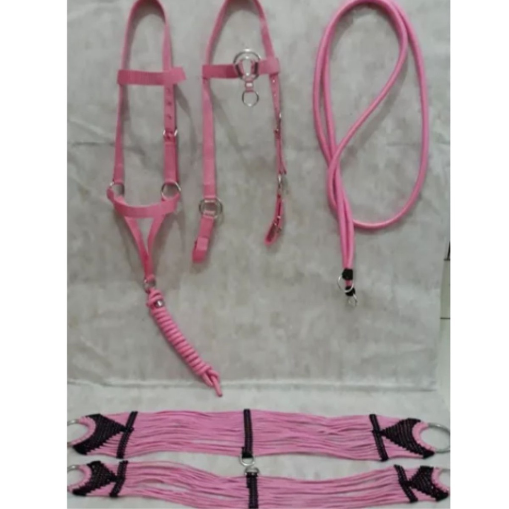Kit Barrigueira Cilha Cabresto Cabeçada Redea Rosa