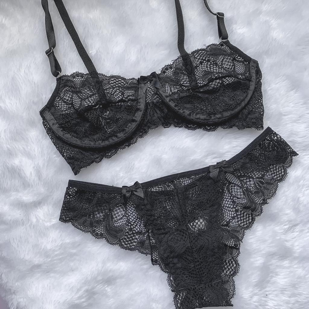 Conjunto lingerie sutiã de renda sem bojo com aro meia taça calcinha tanga rendada langerie sexy luxo atacado