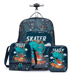 Mochila Lancheira Estojo Infantil Rodinhas Menino Dino Skate Escolar Yupe