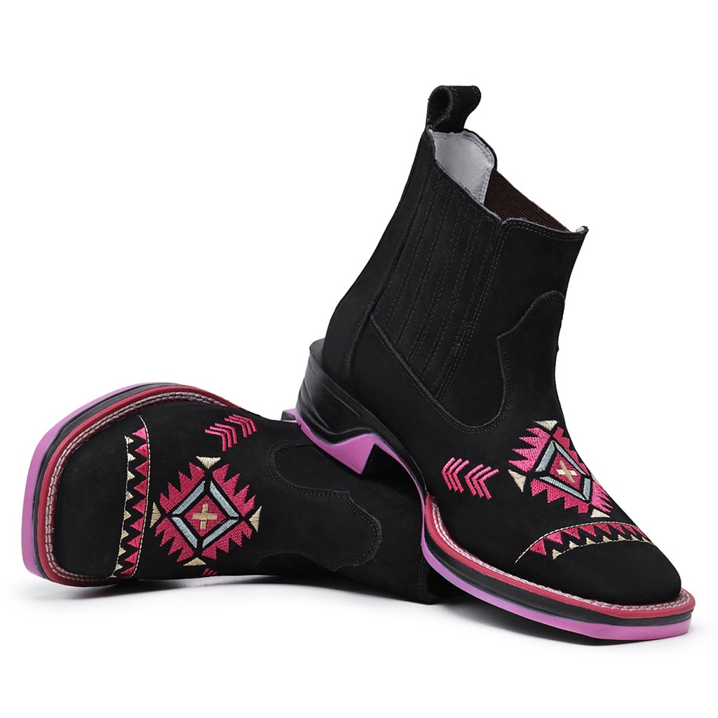 Bota Cano Curto Texana Feminina Country em Couro Sola Rosa