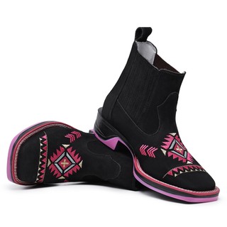 Bota Cano Curto Texana Feminina Country em Couro Sola Rosa