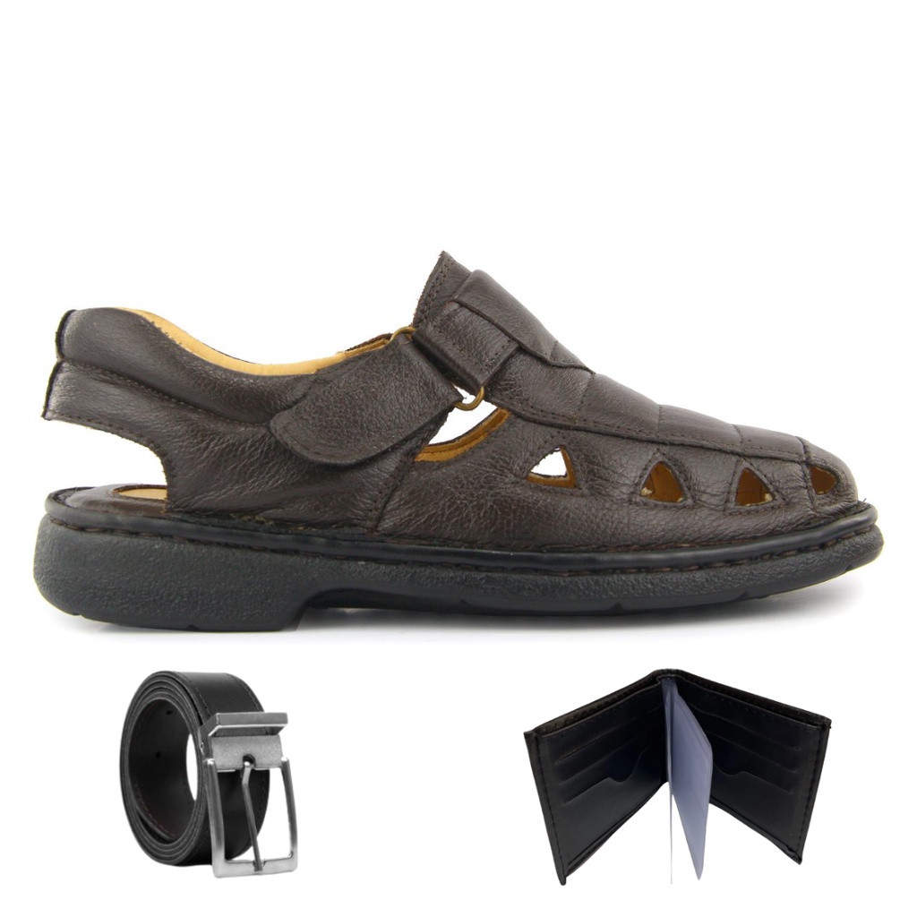 Kit Sandalia Masculina de Couro Antistress Conforto Casual Idosos + Carteira e Cinto