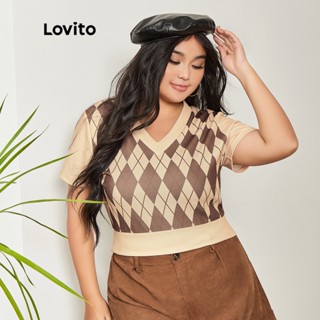 Lovito Camiseta Plus Size Feminina Casual Argyle Alta Elasticidade LPS03093 (Caqui)