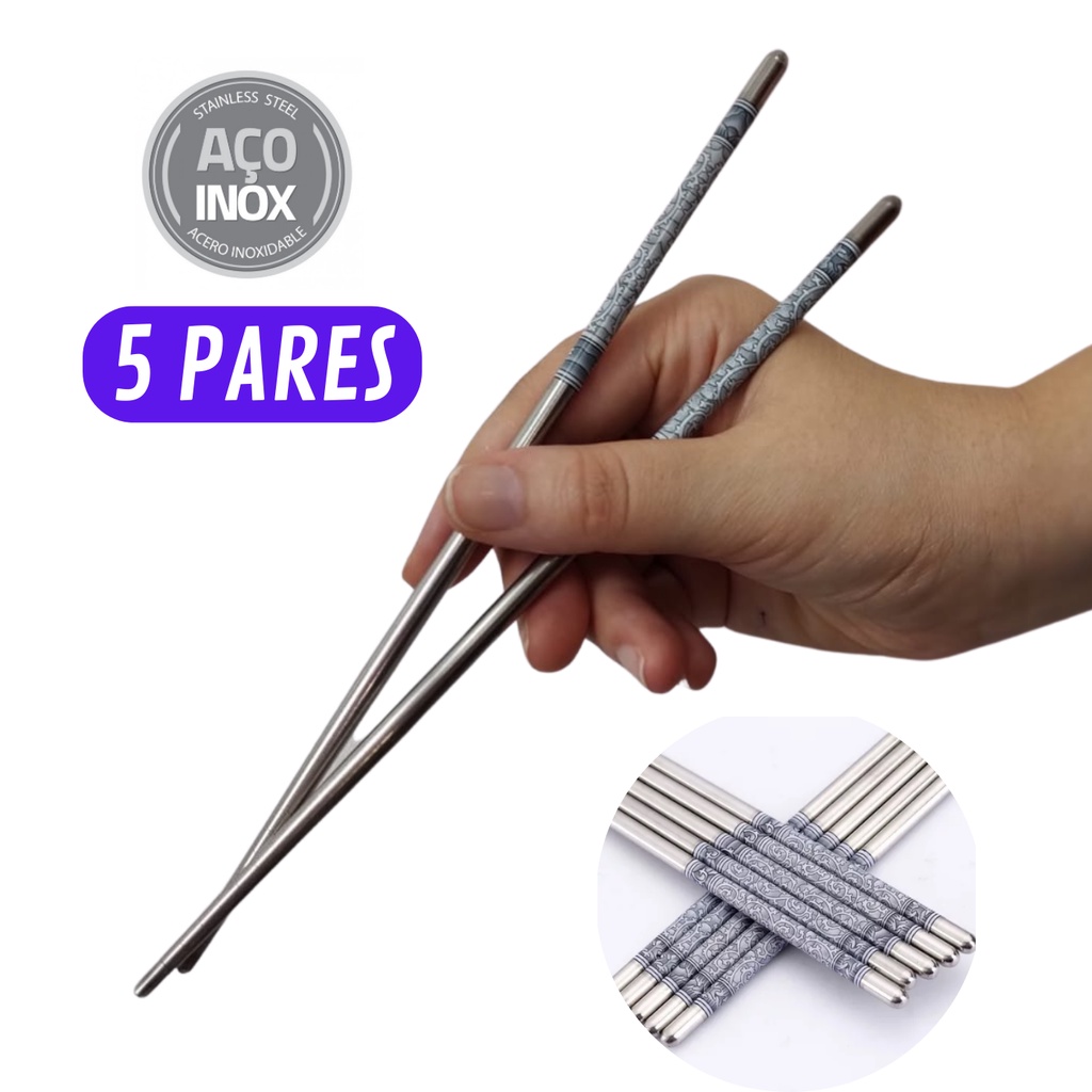 Kit 5 Pares Hashi (10 Palitos) Aço Inox Resistente Higiênico