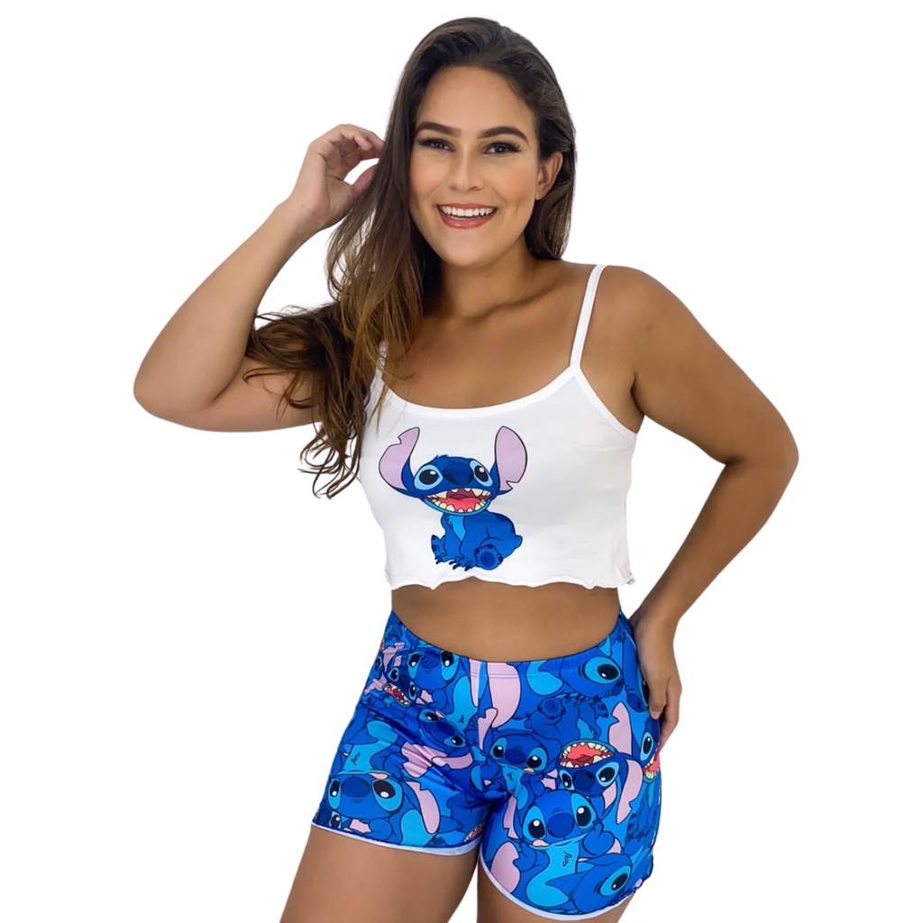 Pijama Curto Feminino Ondinha Adulto Baby Doll Personagens Verão Atacado
