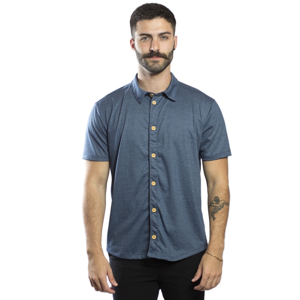 Camisa Masculina De Botão Estonada Modelagem Slim Sustentael Homem Moderno Manga Curta