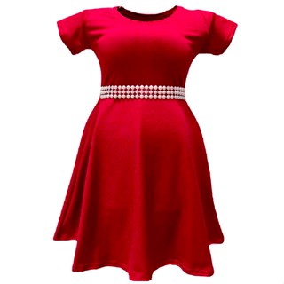 Vestido Adulto Feminino Manga Curta Rodado Faixa Pérola