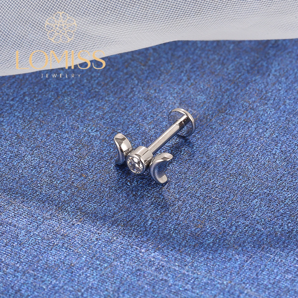 Piercing CONCH Labret em Aço Cirúrgico com 2 Luas de Zircônia Lomiss piercing em Oferta na Shopee