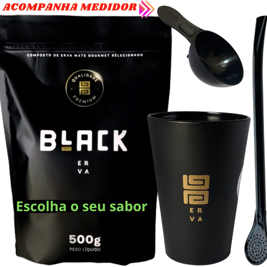 Kit Tereré Black Erva Mate 500g Copo Acrílico Caldereta Preto Bomba Clássica Preta Acompanha Medidor