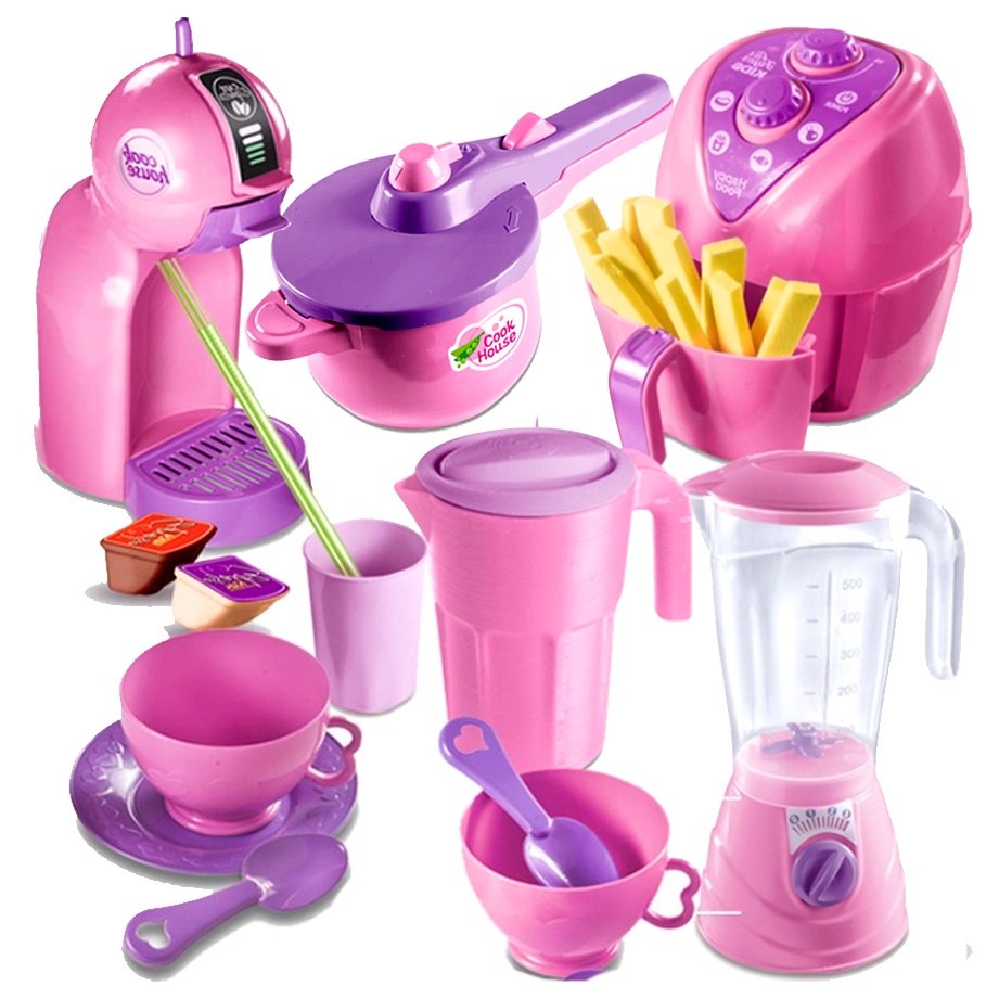 Kit com 8 brinquedos faz de contas airfryer,cafeteira,jarra,pires,liquidificador e panela de pressão em Oferta na Shopee