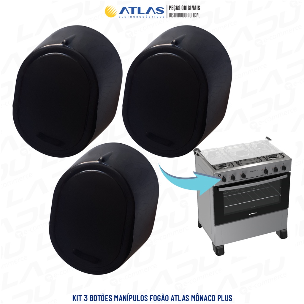 =CONJ. C/ 3 BOTÕES MANÍPULOS PARA FOGÕES ATLAS MÔNACO PLUS / MÔNACO PLUS TITAN 100% ORIGINAL DE FÁBRICA