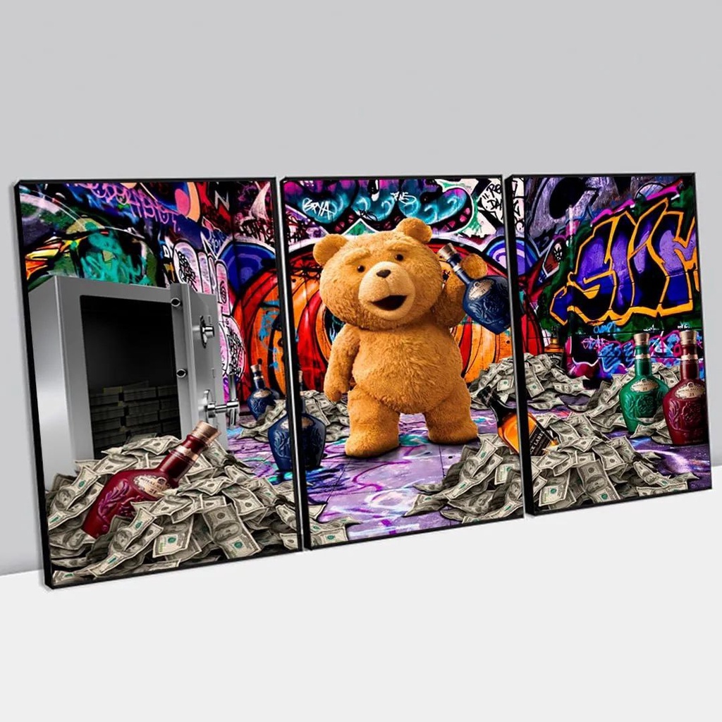 Kit Quadros Decorativos Mosaico 3 Peças Trio urso ted Ostentação Dinheiro Dollar Mala Cofre Arte Abstrata Royal Salute Whisky Modular Luxo Milionário Bilionário Nota Bitcoin Cripto moeda