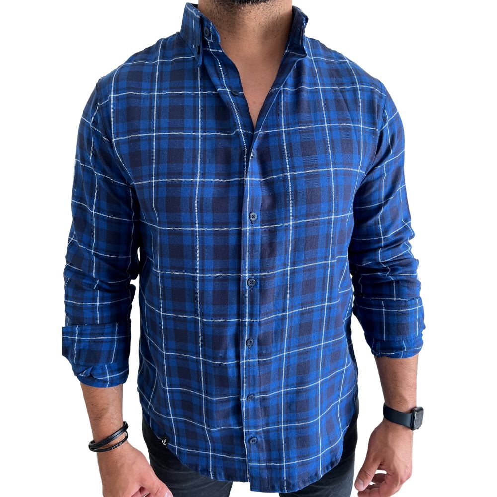 camisa masculina plus size algodão xadrez manga longa casual teodoro  camisaria azul - C&A