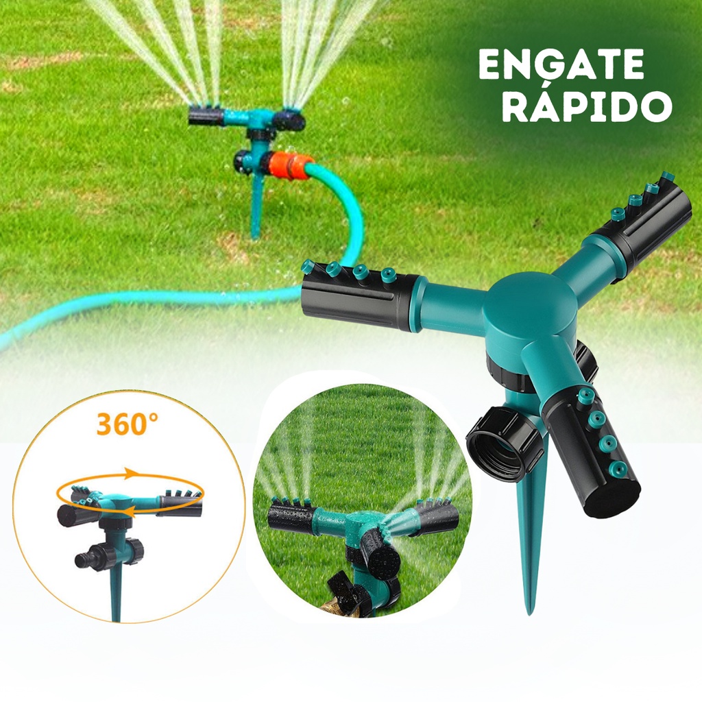 Irrigador Giratório 360° 3 Aspersor Jato Com Espeto de fixação no chão Jardim Horta Canteiro Mangueira Engate Rapido