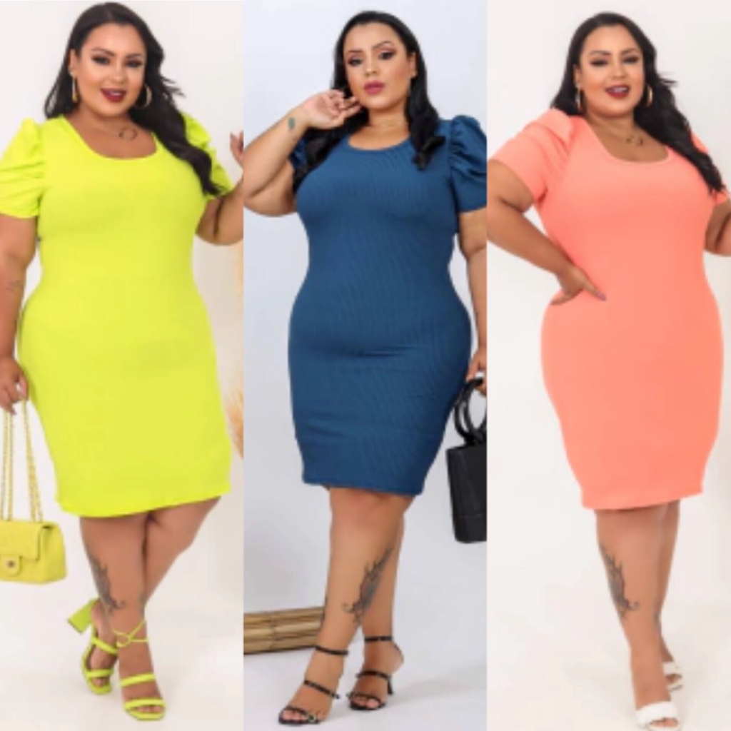 Vestido Feminino Plus Size Midi Moda Evangélica Manga Princesa Bufante Varias Cores (46 ao 52) Tecido Suplex Canelado Moda Gringa Blogueiras Plus , Promoção