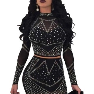 Conjunto Saia Curta Pedraria Cropped Tule Manga Longa Brilho