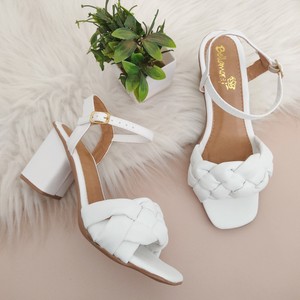 Sandalia Femenina Salto Grosso Médio Com Trança Confort Promoção Nude,Branco,Rosa,Preto,Dourado