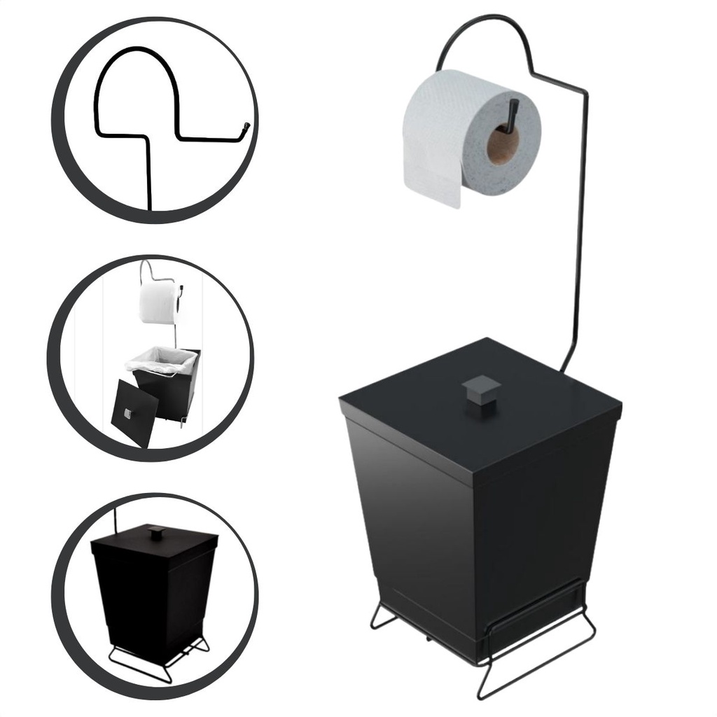 Lixeira Preta Com Suporte Para Papel Higiênico Black Stolf - Home & Living