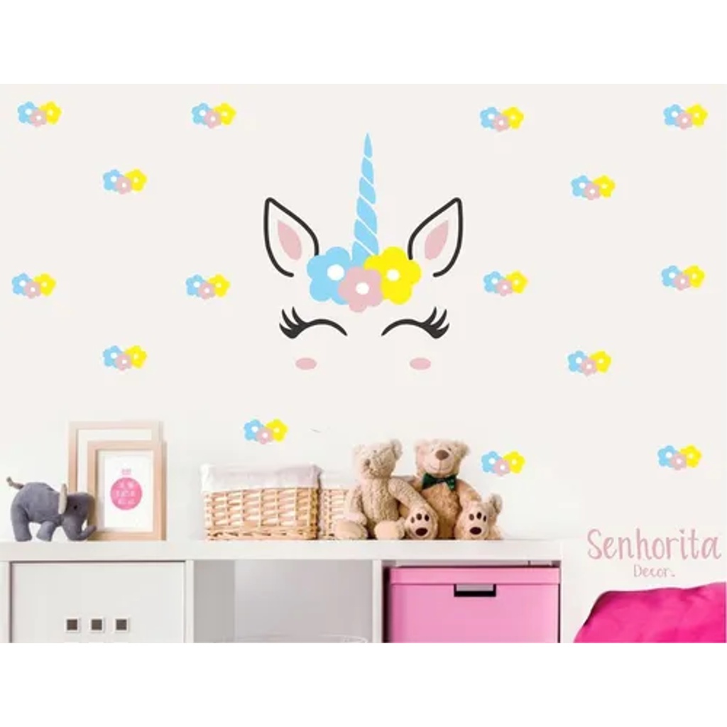 Adesivo De Parede Unicórnio Floral Meninas - Senhorita Decor