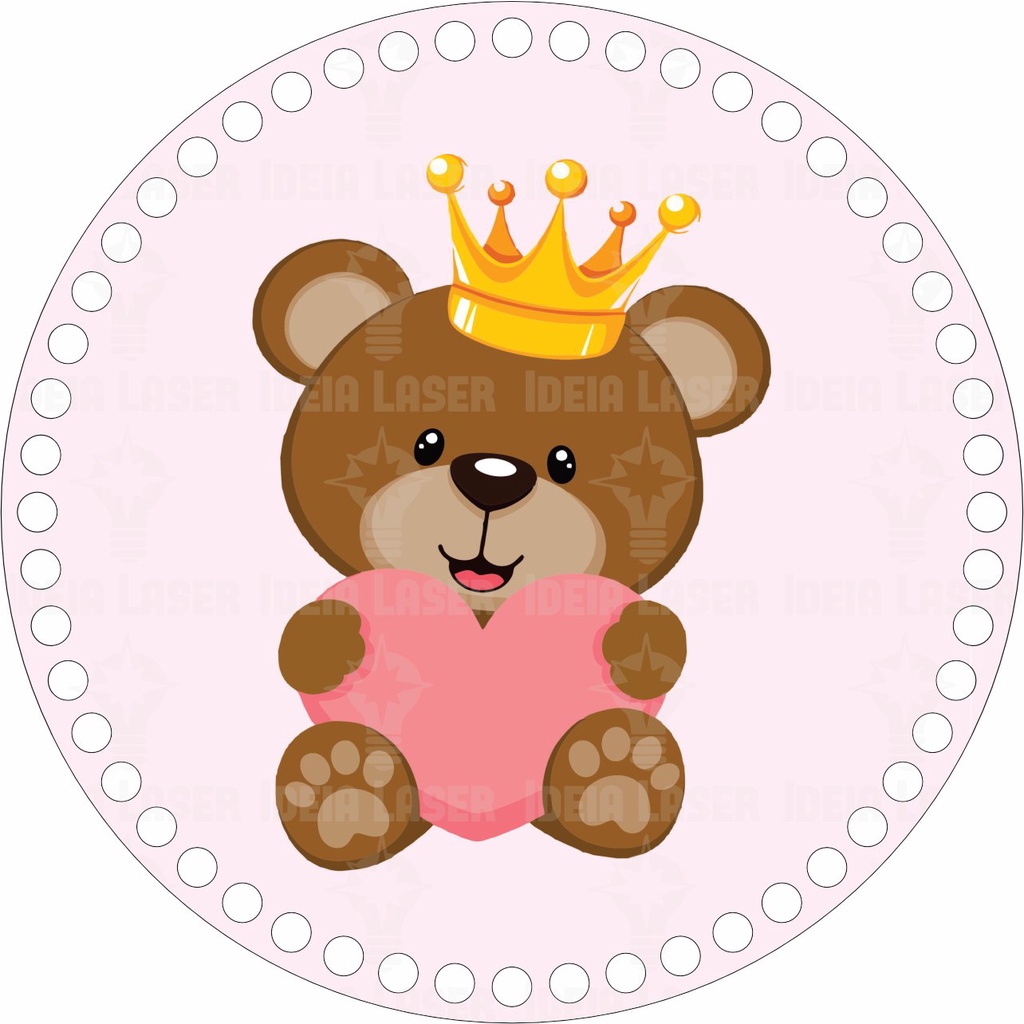 Base MDF Fio de Malha Crochê Redonda Estampada Urso Com Coroa e Coração