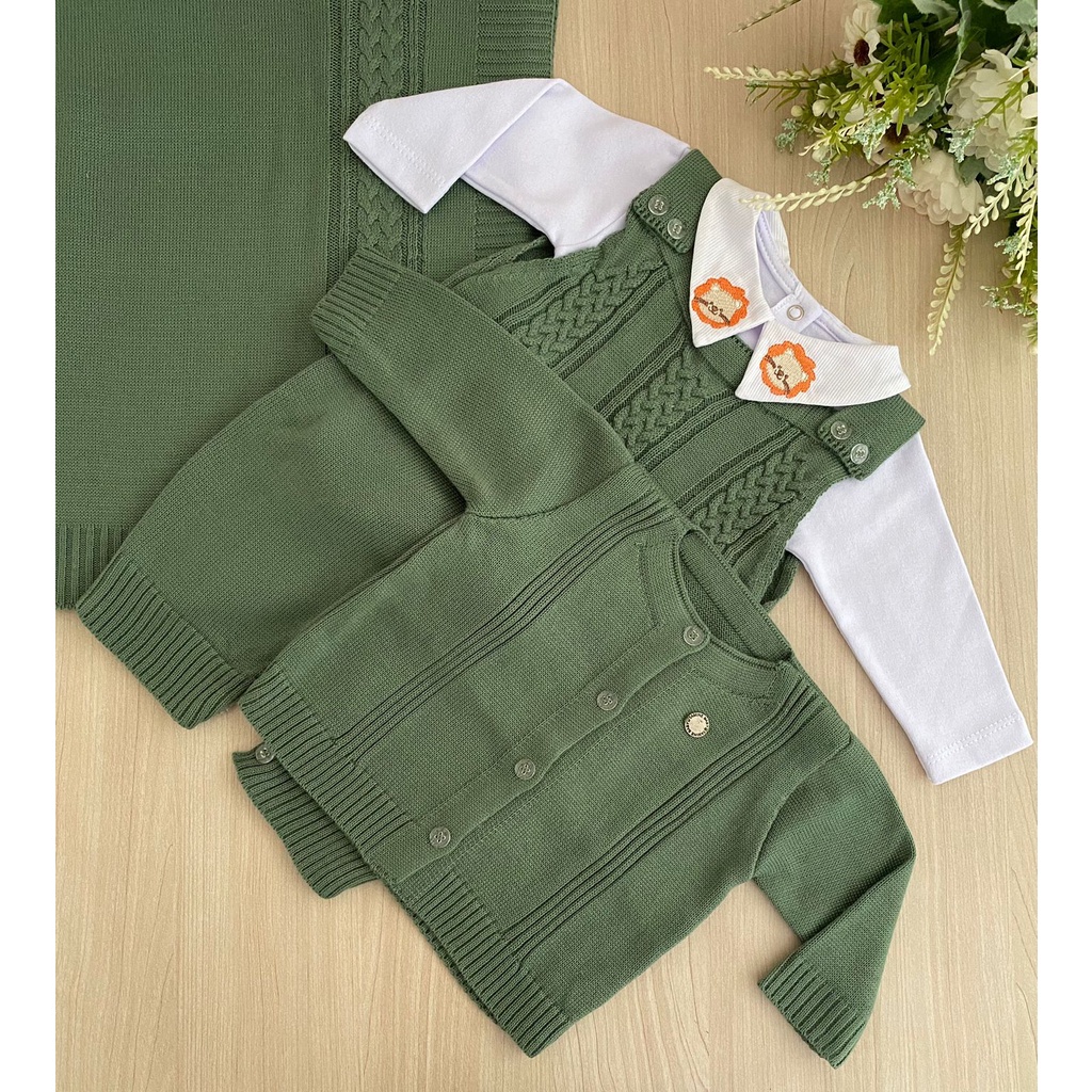 Saída de maternidade de menino verde pistache leão tricot 4 peças completa safari