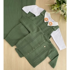 Saída de maternidade de menino verde pistache leão tricot 4 peças completa safari
