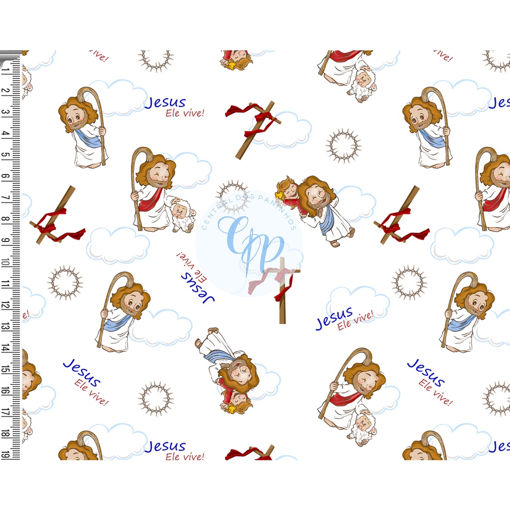 Tecido tricoline, microfibra ou gabardine - Jesus - Nuvem - Ele Vive - fundo branco - 0.50cm em Oferta na Shopee