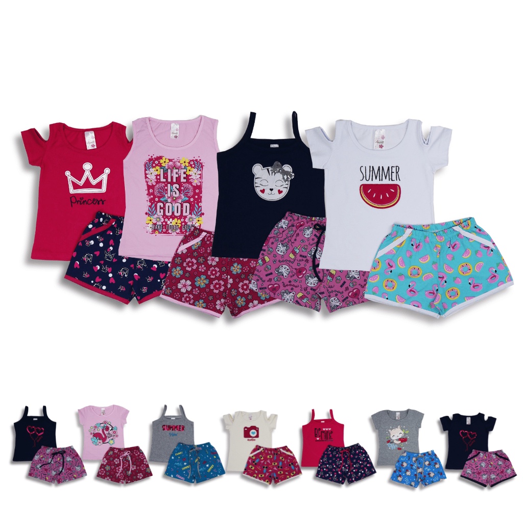 Kit Conjunto Roupa Infantil e Juvenil blusas + shorts Menina Feminino Camiseta Verão Calor