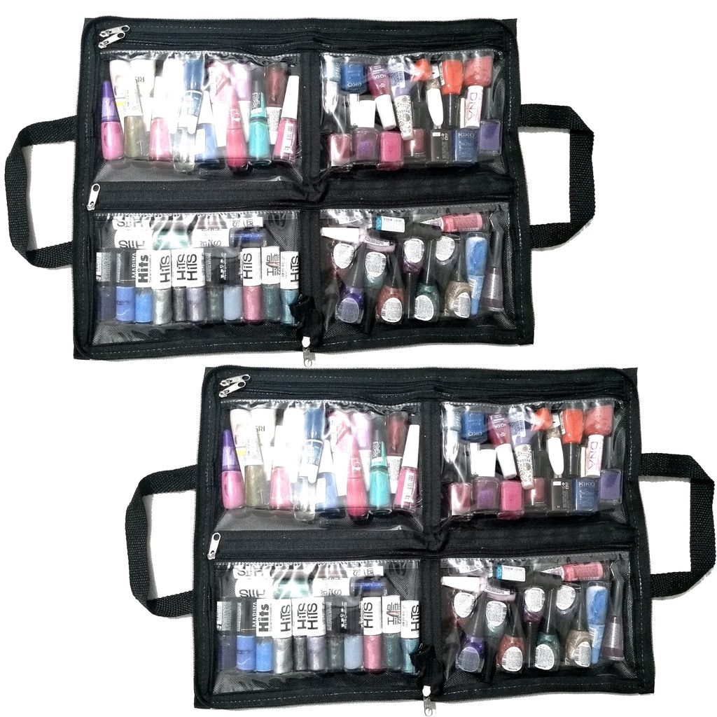 2 x Bolsa Pasta Porta Esmaltes / Maquiagem Manicure Maquiador Domicilio preta para até 60 frascos COM bolsão interno