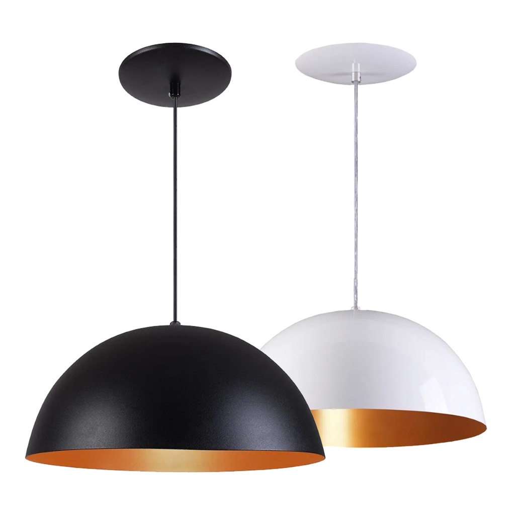 Pendente Meia Lua Meia Bola 40cm Alumínio Preto Branco Cobre Lustre