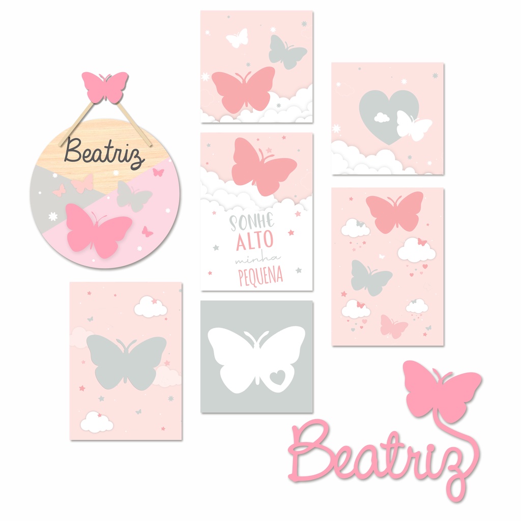 Kit Decoração Infantil Jardim Encantado Borboletas Conjunto Enfeite Porta Maternidade + Nome Personalizado + 6 Quadros + Pendurador Incluso