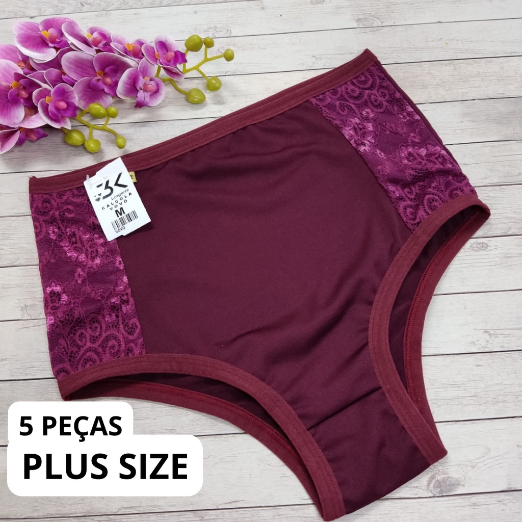 Kit 05 Calcinha Plus Size Hot Pants Cintura Alta Calçola Confotavél  Moda Íntima Feminina