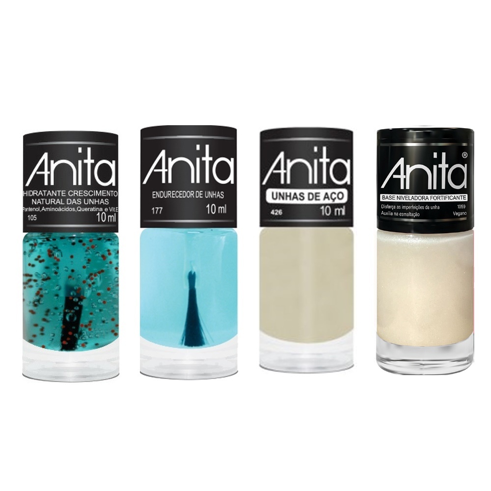 Esmalte Anita kit Tratamento c/4 Produtos Hidratante, Endurecedor, Unha Aço, Base Niveladora