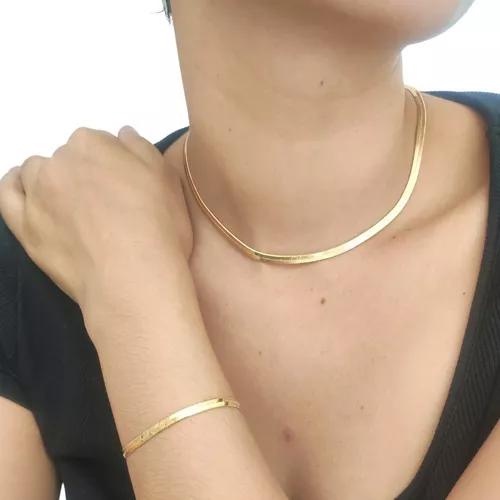 Kit Conjunto Pulseira Bracelete Colar Chocker Corrente Gargantilha Feminina Malha Laminada Folheada