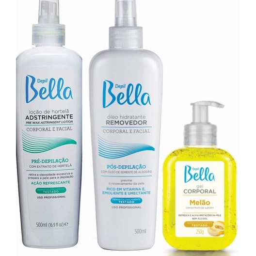 Depilbella Kit Depilação Loção Adstringente Hortelã 500ml Óleo Removedor Algodão 500ml Gel Calmante Corporal melão 250ml