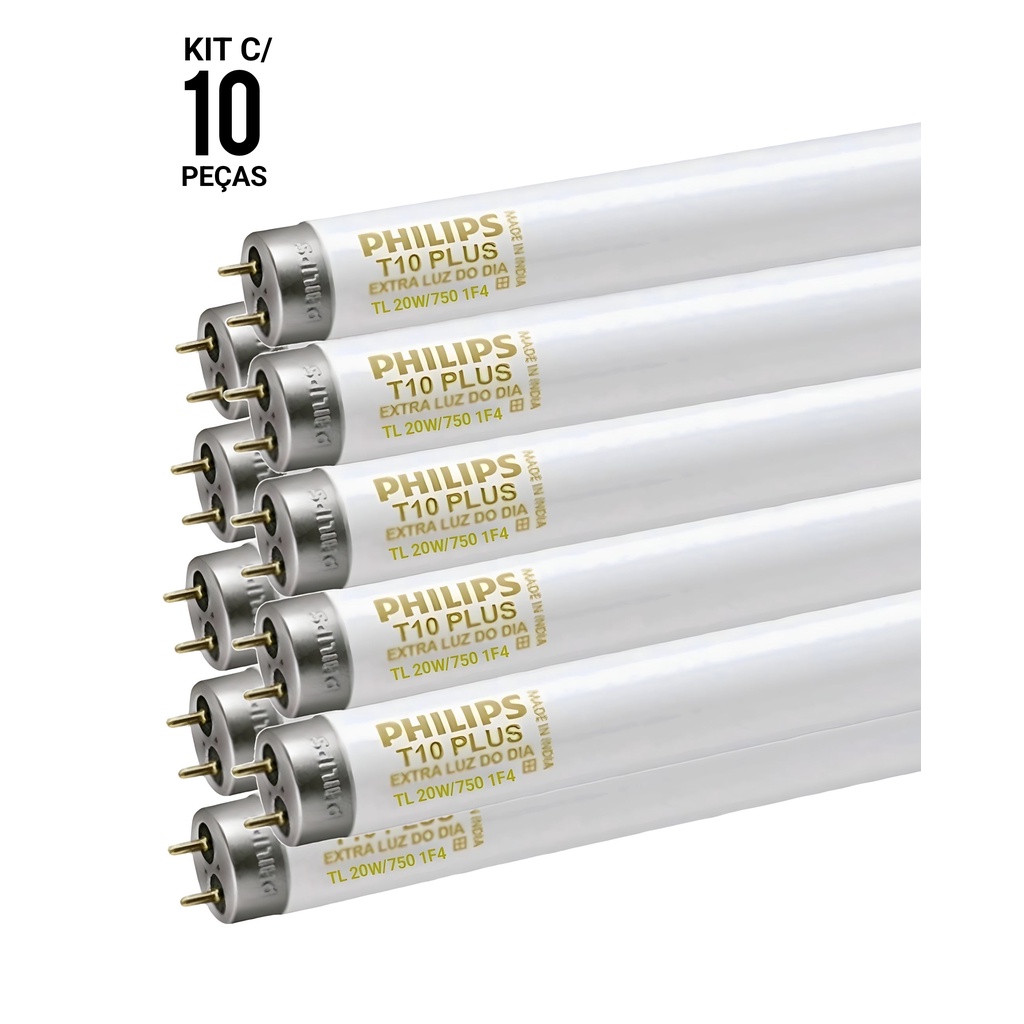 Kit 10 Lâmpada Fluorescente 20w philips 60cm t10 plus s/reator | Shopee ...