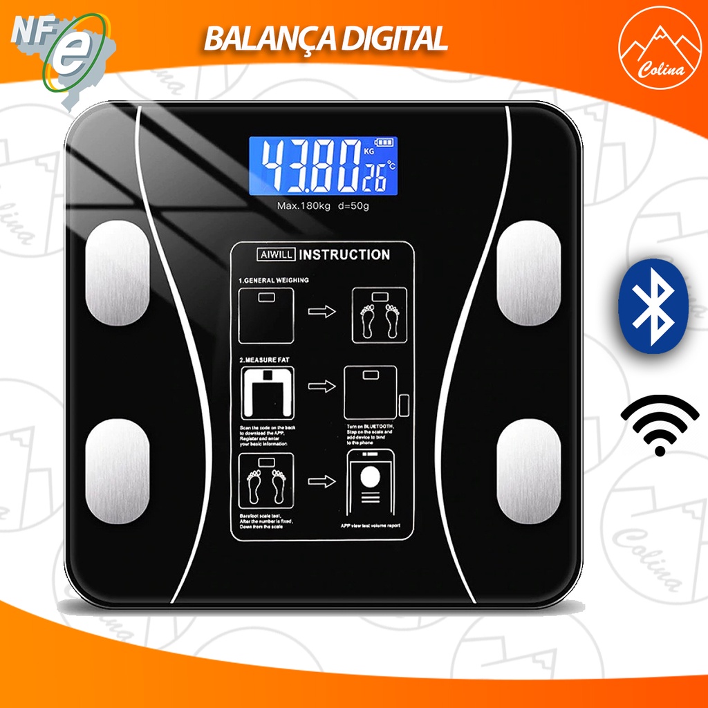Balança Digital Banheiro Bluethooth Bioimpedância IMC BF Vidro Temperado 180kg