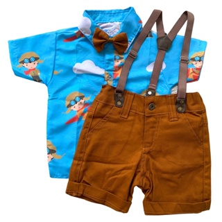 CONJUNTO AVIADOR roupa infantil completa, camisa, gravata, bermuda e suspensorio festa em Oferta na Shopee